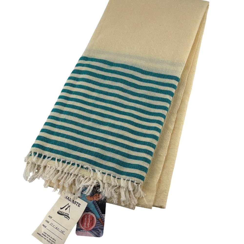 Ganesh Himal Trading Handwoven Cotton‎ Wool Teal Stripe Fringed Scarf Nepal